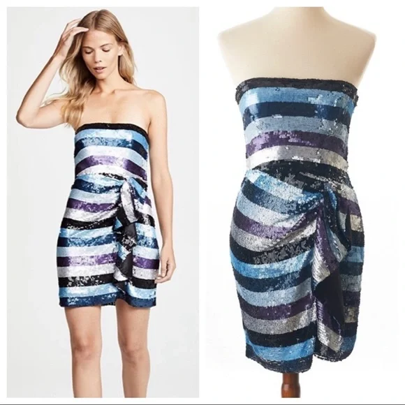 NWT Parker Sequin Striped Strapless Ruffle Cocktail Formal Dress - Picture 2 of 8